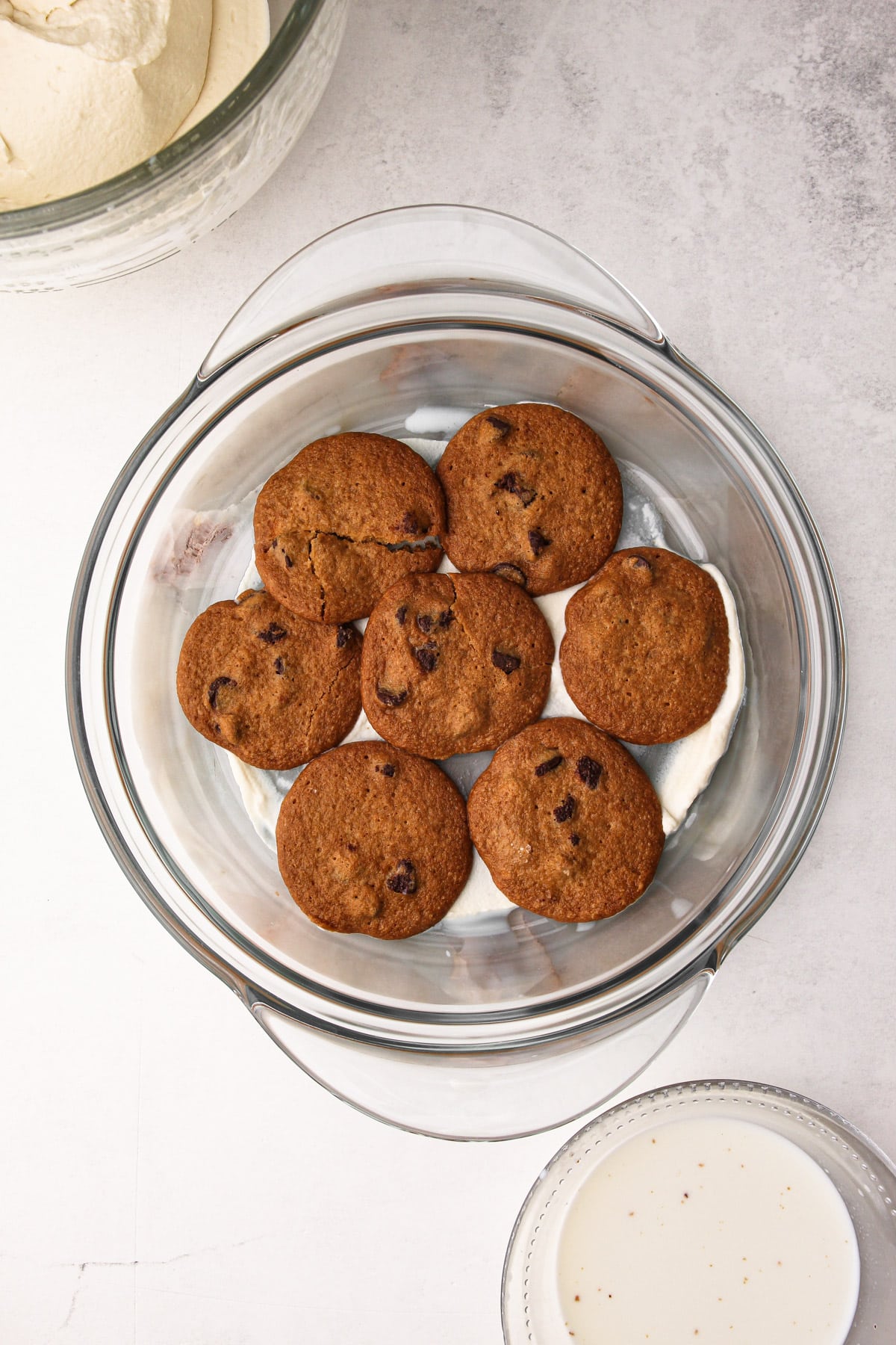 The first chocolate chip cookie layer to a cookie icebox cake.