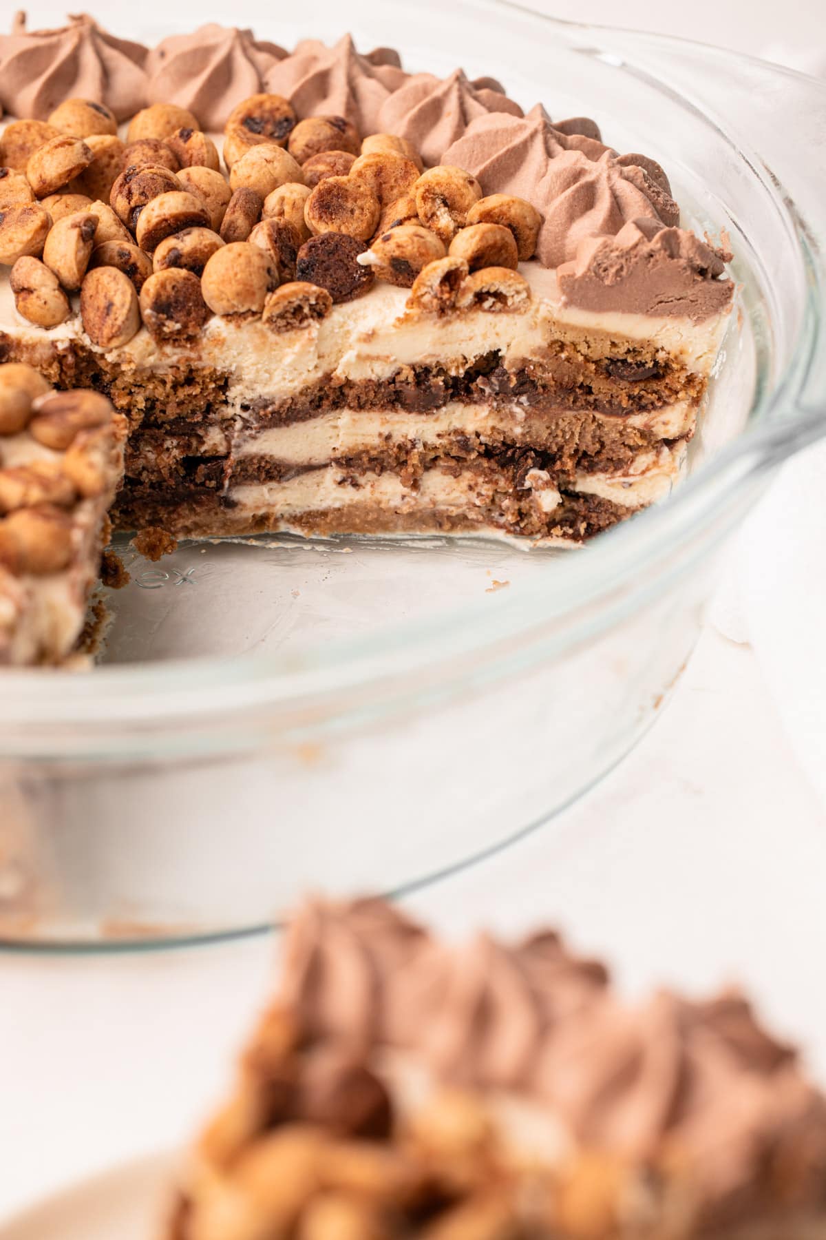 A side view revealing all the layers of the cookie icebox cake.