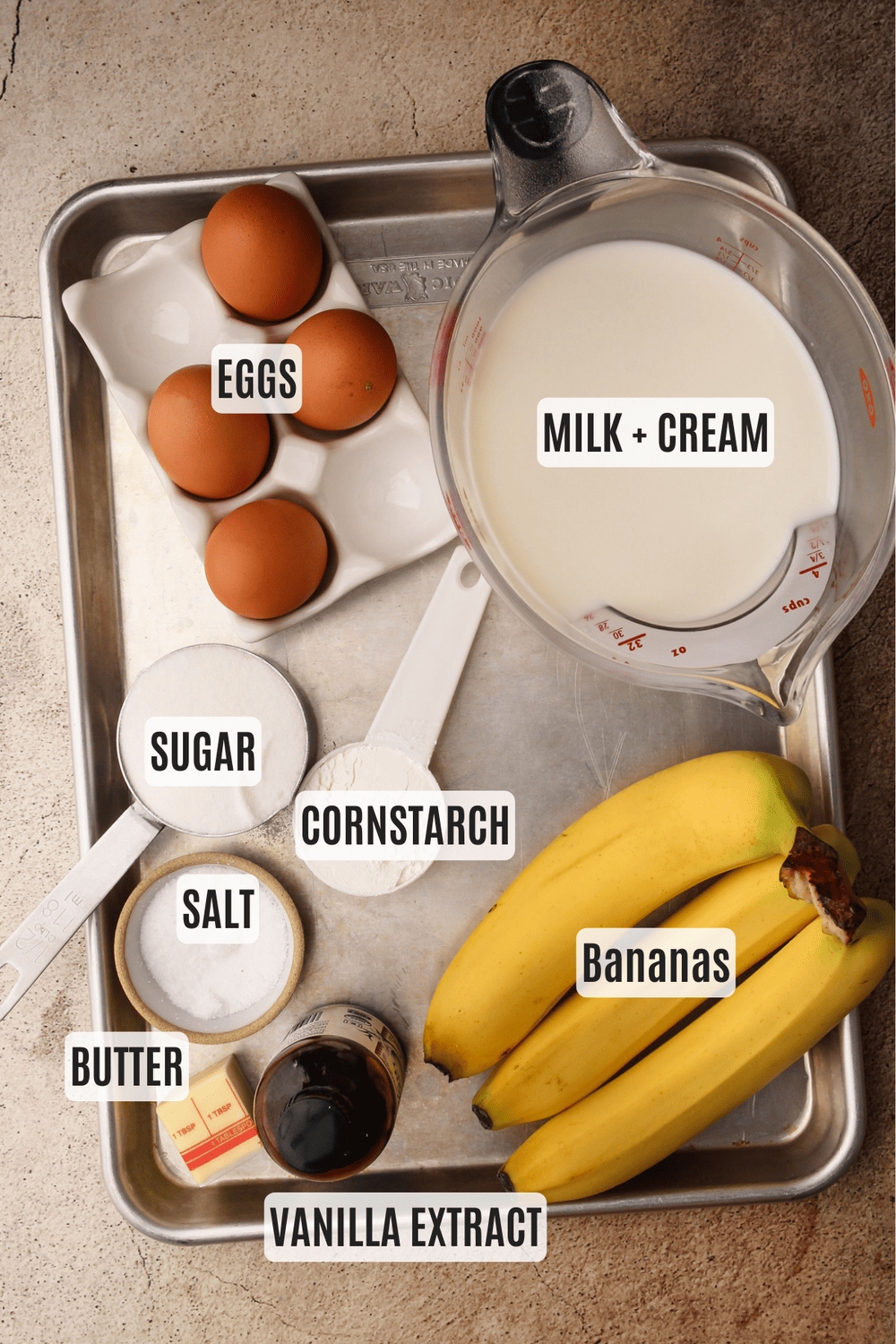 Measured ingredients for a banana cream pie recipe.