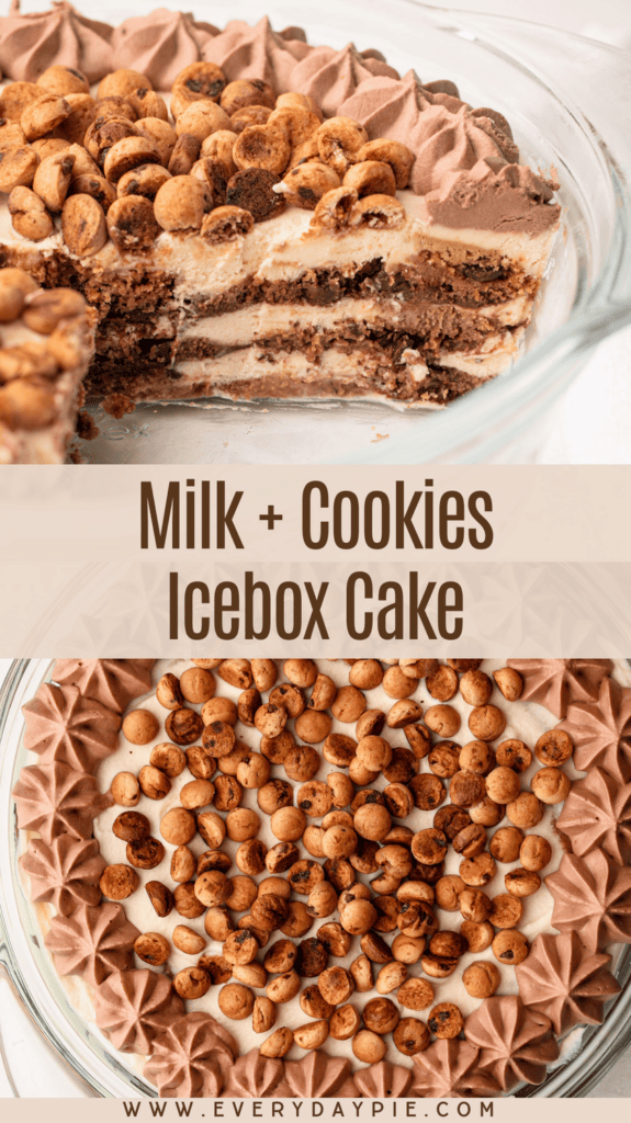 A completed milk and cookies icebox cake side view, and a top view with title text overlay.