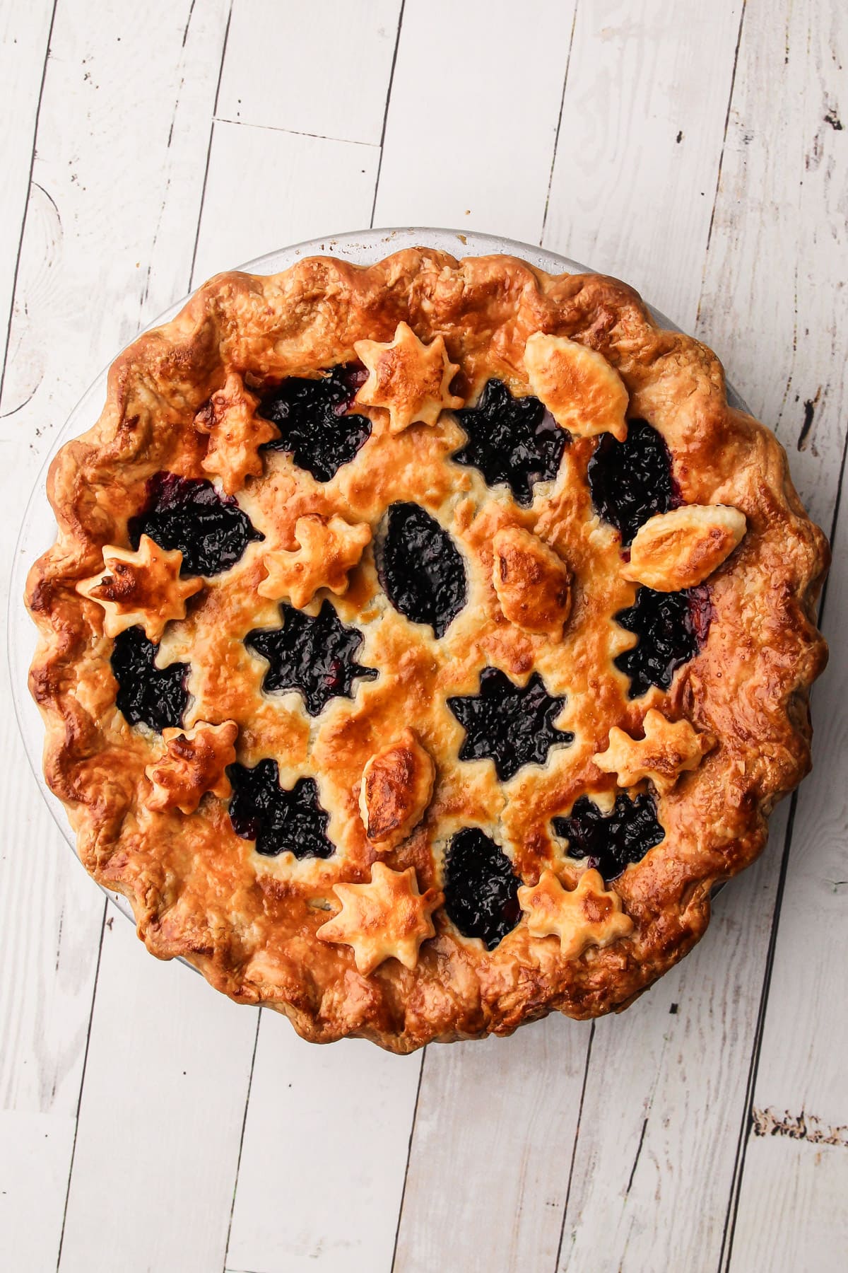 A baked Blueberry-Cranberry Pie with fall leaf cutouts in the crust.