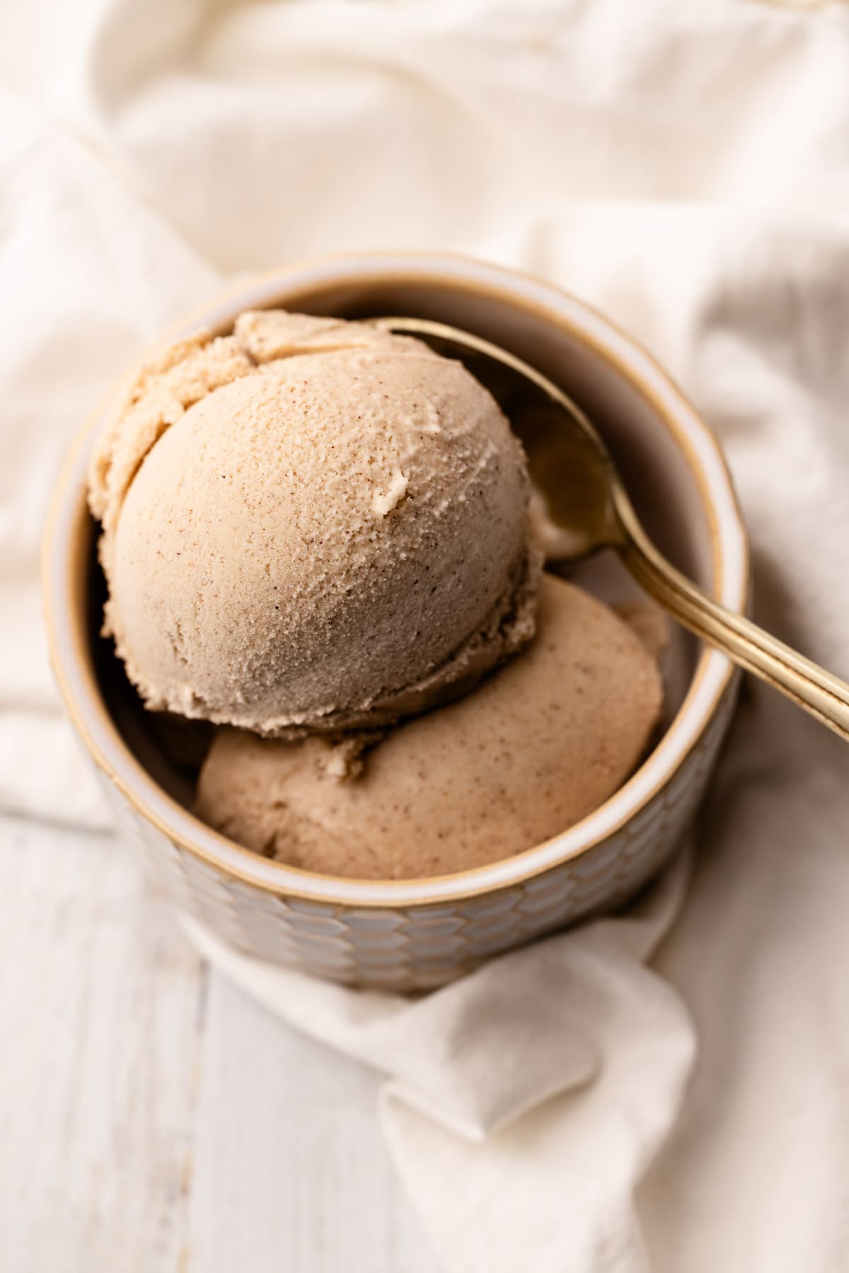 Scoops of cinnamon ice cream in a small dish with a spoon.