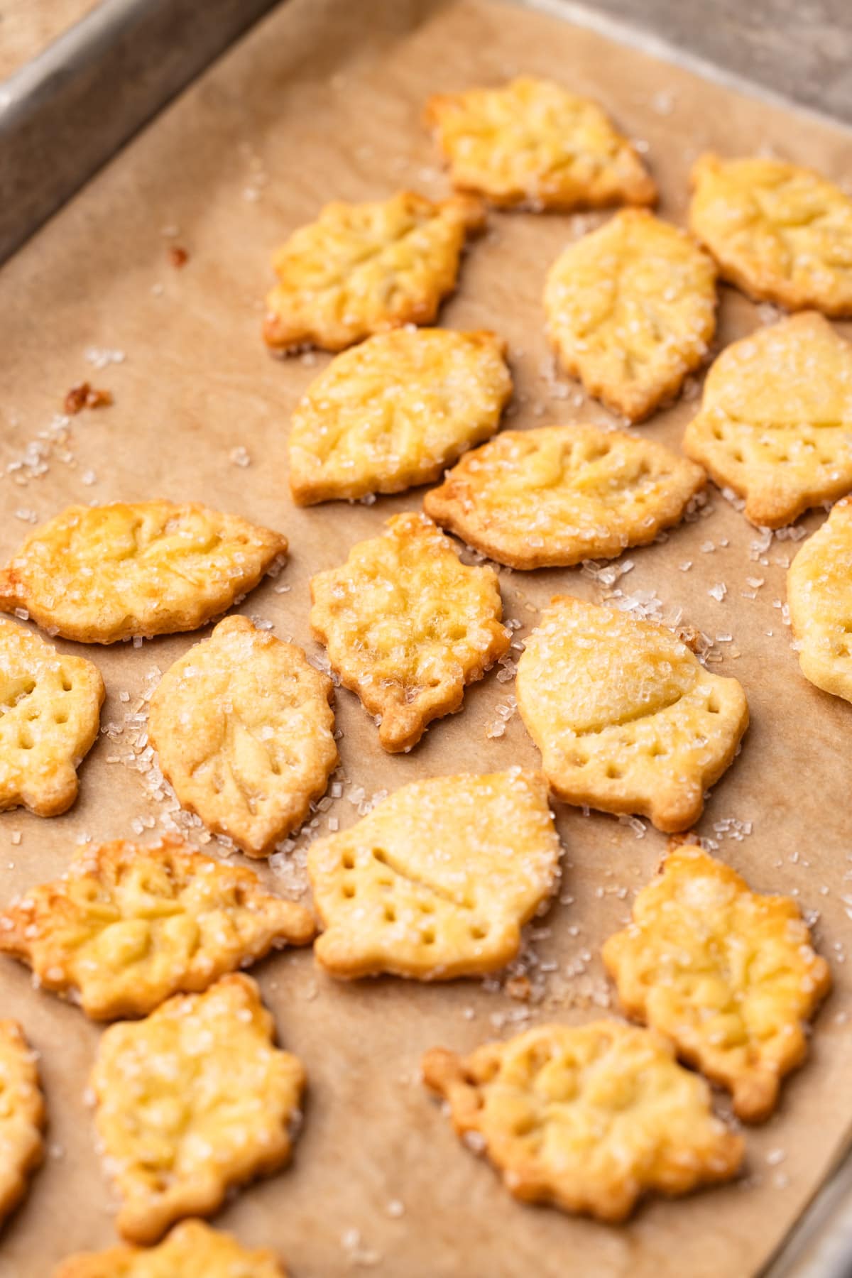 Baked fall themed pie crust cookies for a tart.