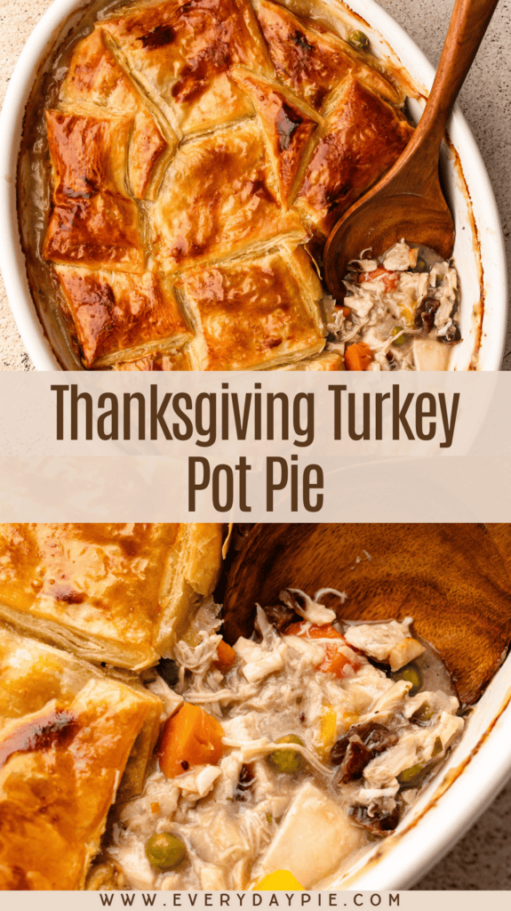 A baked turkey pot pie with a scoop removed.