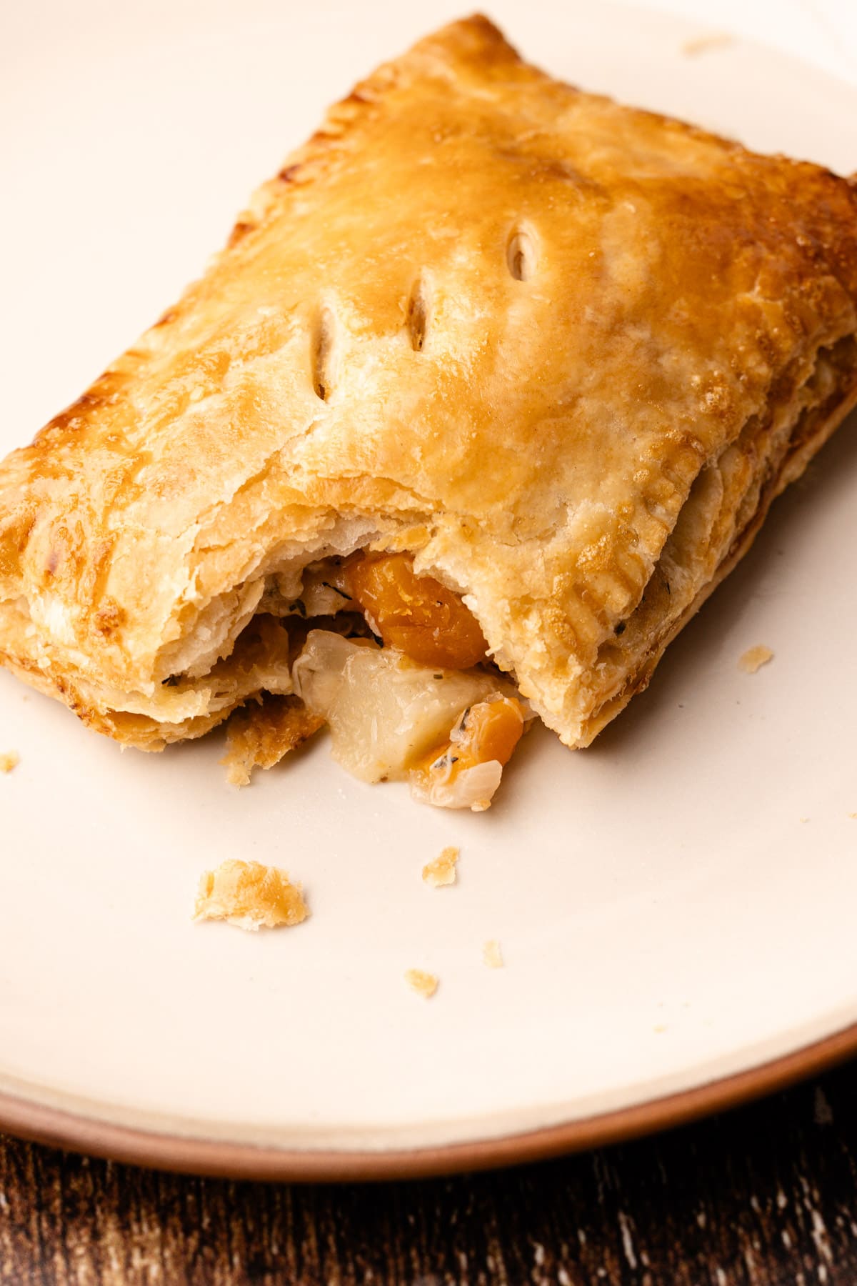 A flaky turkey hand pie on a plate with some of the filling spilling out.