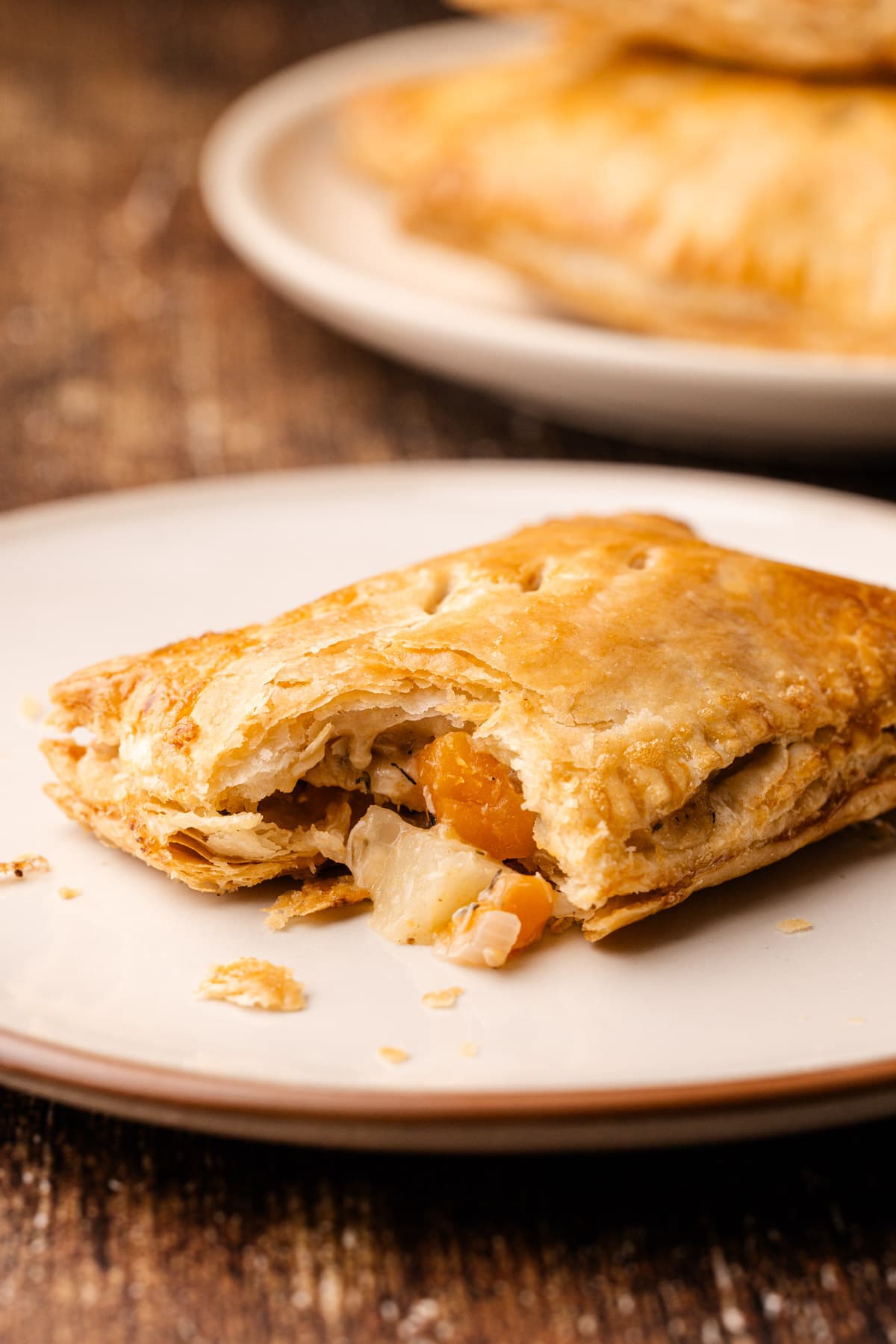 A flaky turkey hand pie on a plate with some of the filling spilling out.