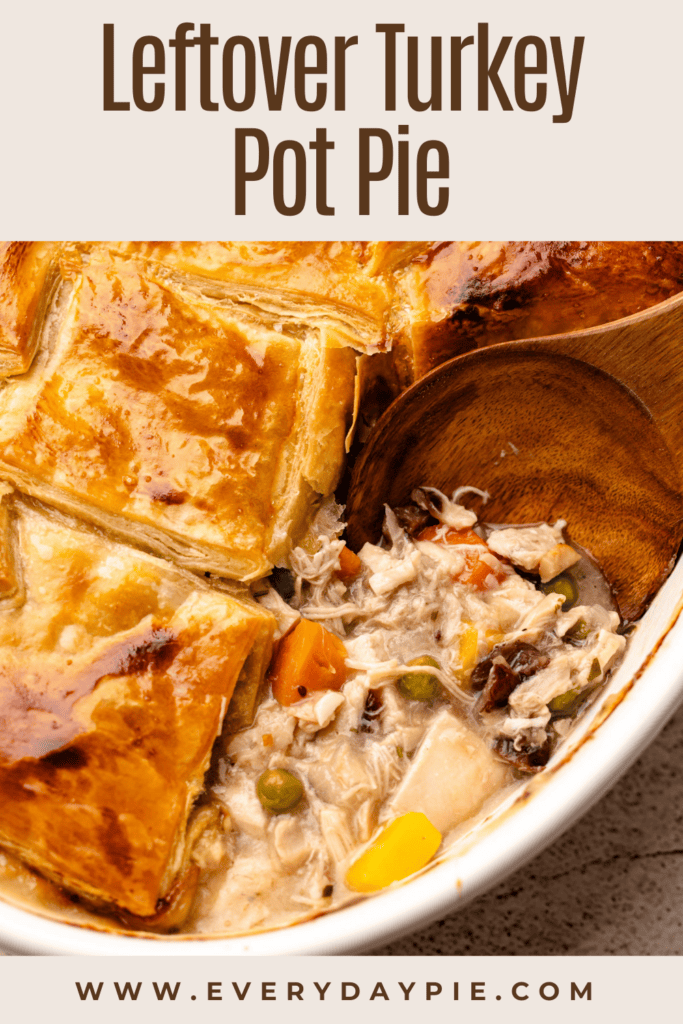 A spoon digging into a turkey pot pie.