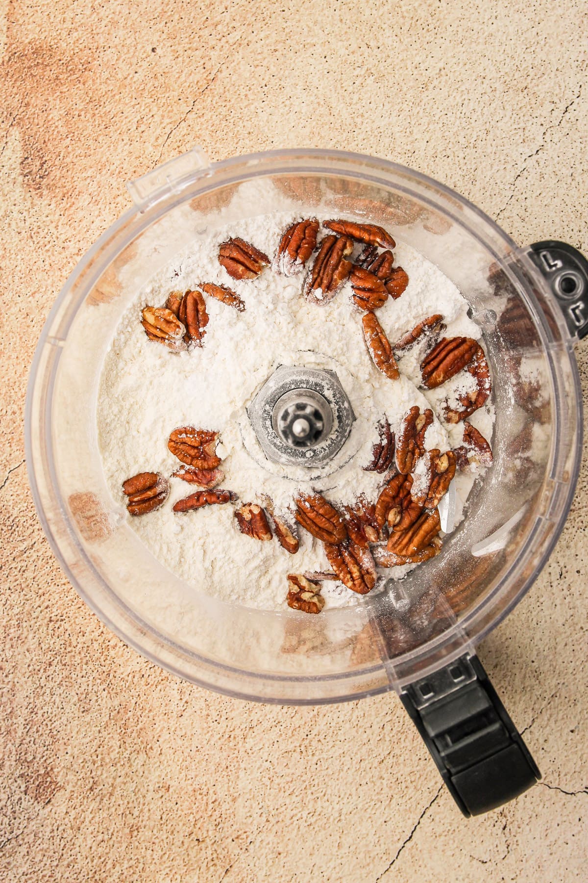 Ground pecans, flour and butter in food processor to make pie crust.