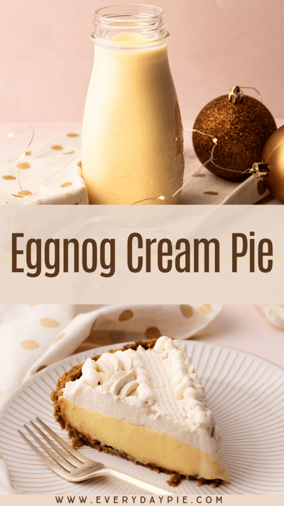 A slice of eggnog cream pie on a plate with a fork, with a glass bottle of eggnog.