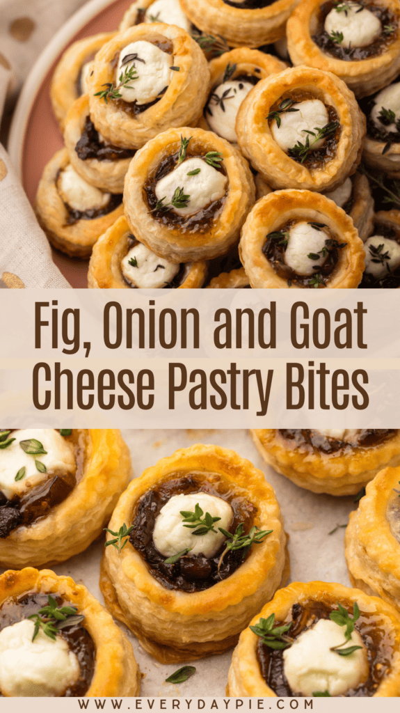 Small puff pastry appetizers bites with fig, goat cheese and onions with a sprig of thyme.