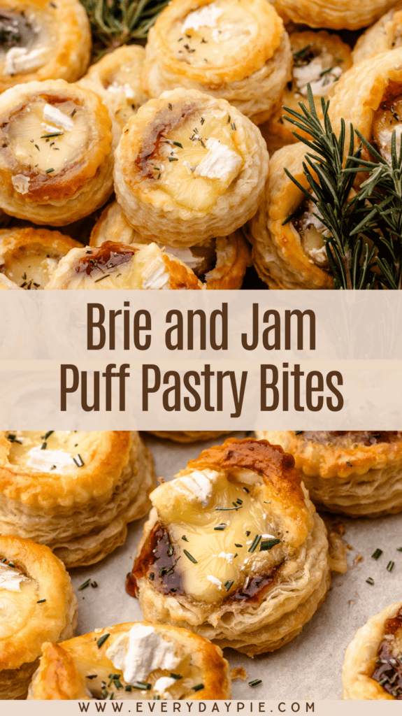 Small puff pastry appetizers bites with jam, brie and rosemary.