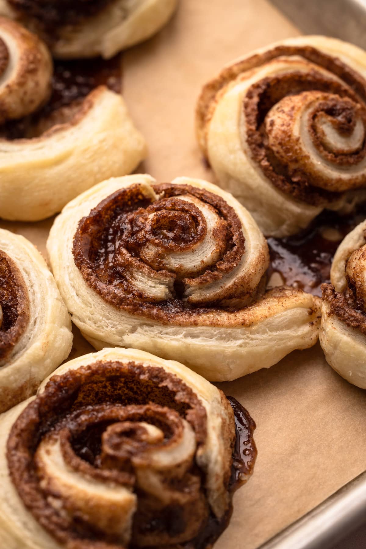 Baked puff pastry cinnamon rolls.