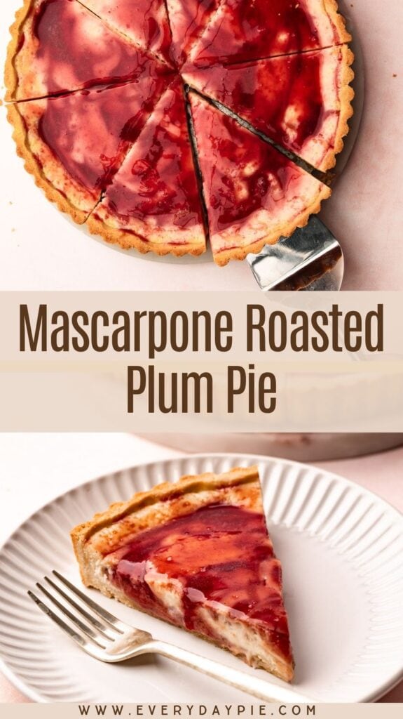 A roasted plum pie baked and sliced.