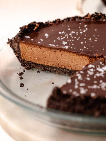 An easy chocolate pie sprinkled with flaky salt and cut into slices.