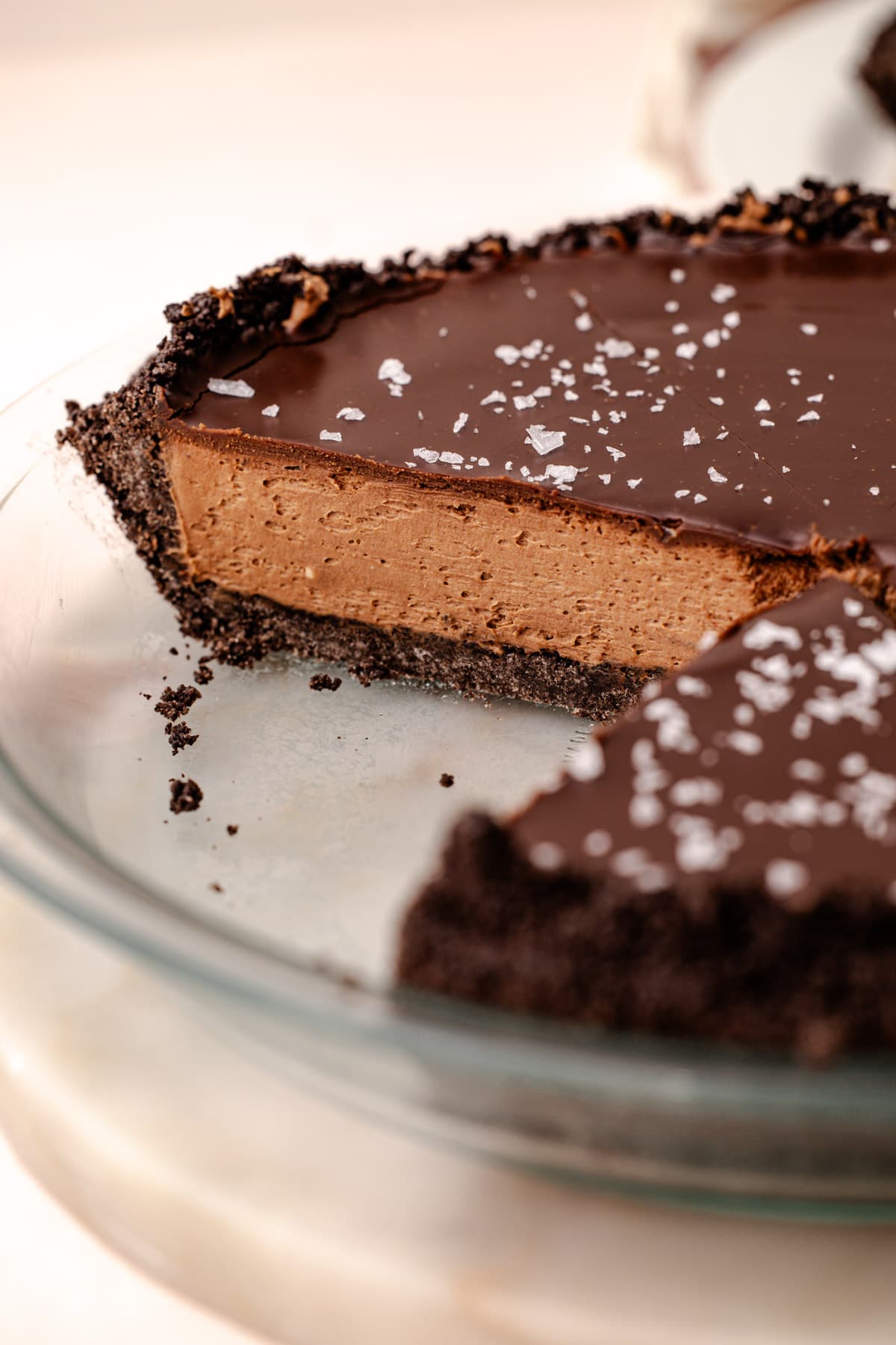 An easy chocolate pie sprinkled with flaky salt and cut into slices.