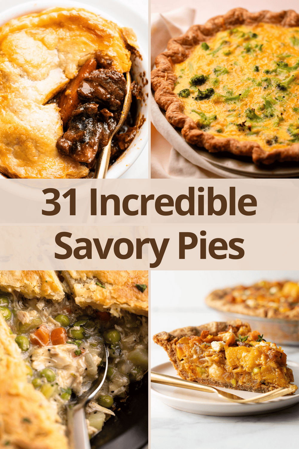 A baked beef pot pie, broccoli cheese quiche, chicken pot pie and savory squash pie.