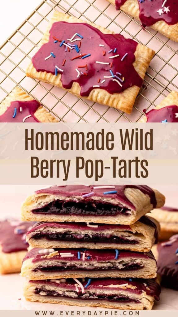 Mixed berry pop tarts fully baked and cut in half.