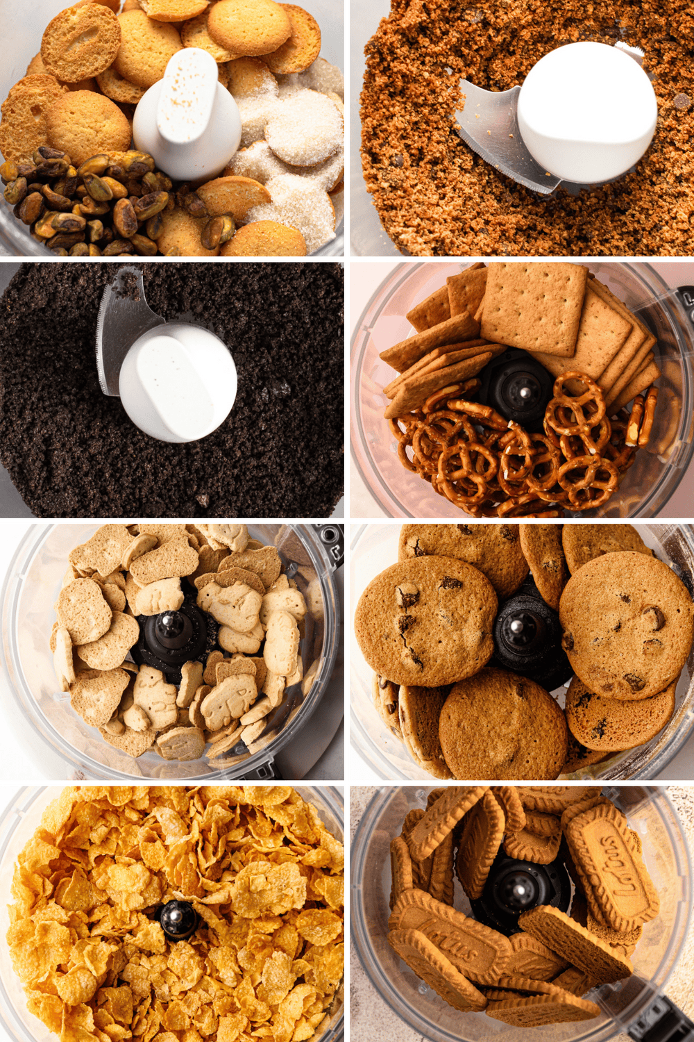 8 different variations of crumbs to make a crumb crust.