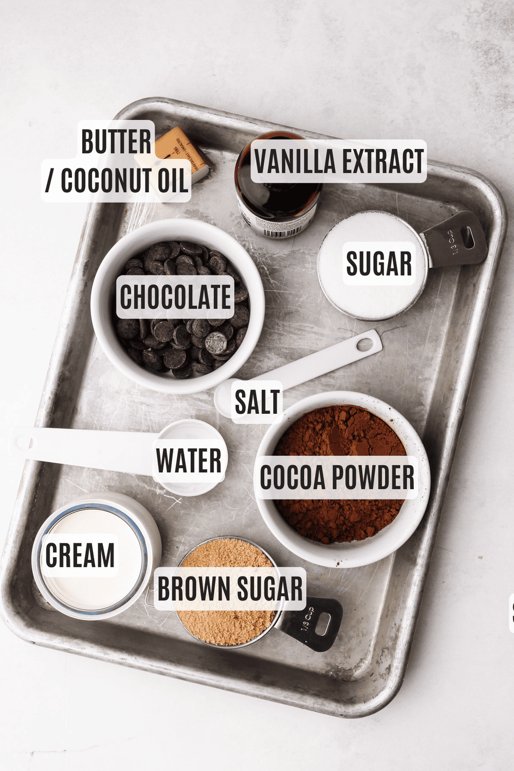 Ingredients measured out for hot fudge sauce.