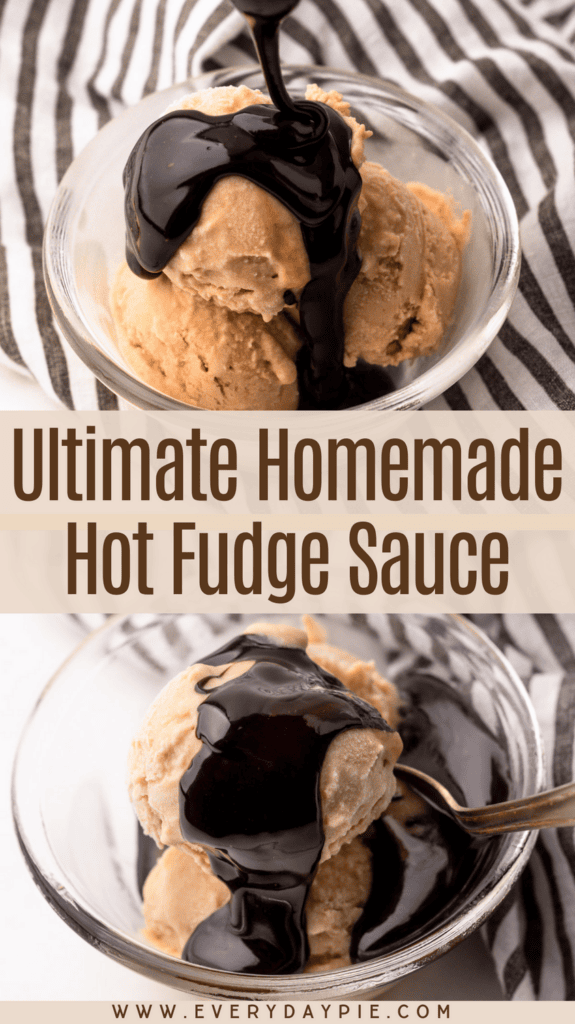 Homemade hot fudge sauce being poured over homemade ice cream.