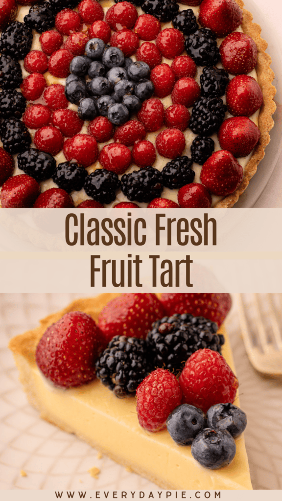 Fresh fruit tart filled with creamy pastry cream and topped with assorted fruits.