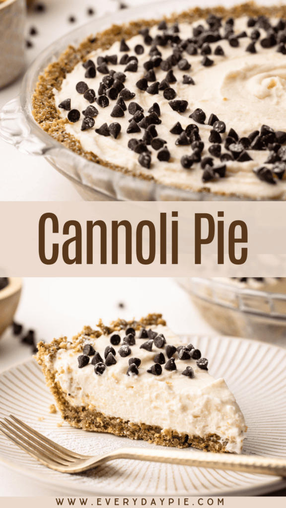 A prepared cannoli pie with a title text overlay.