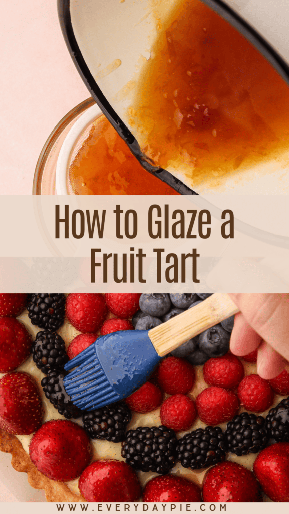 A fruit glaze being brushed on a fruit tart.