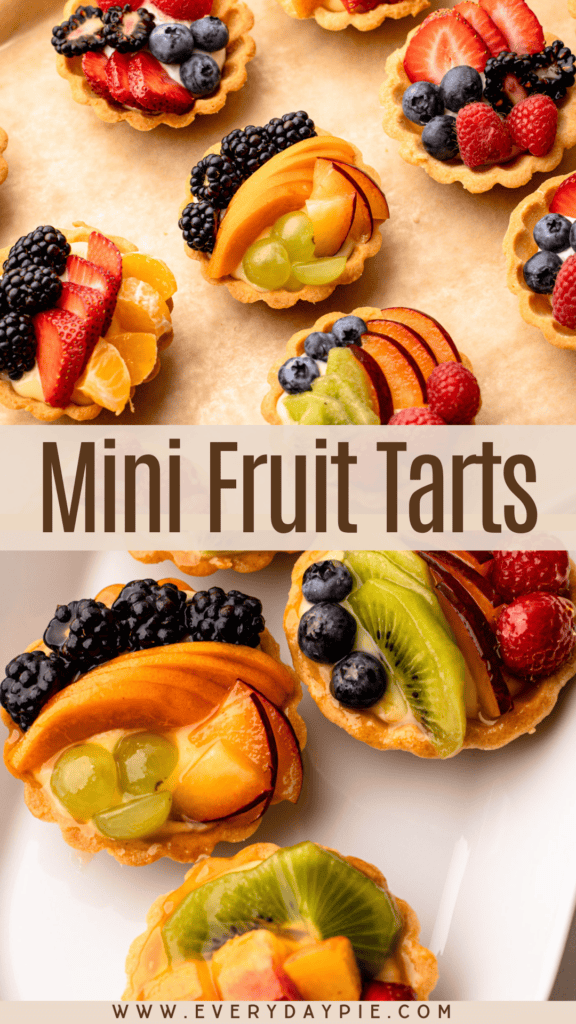 Mini fruit tarts arranged on a tray with a title text overlay.