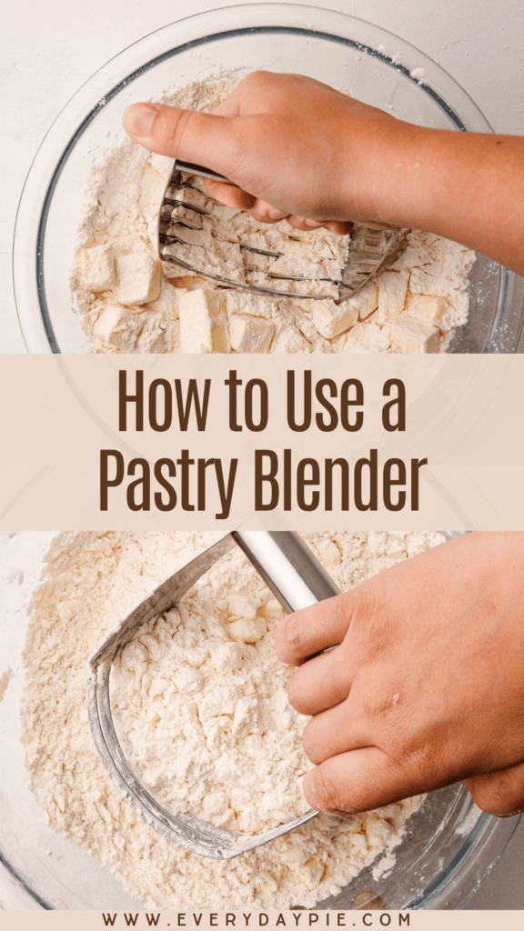 A hand demonstrating how to use a pastry blender.