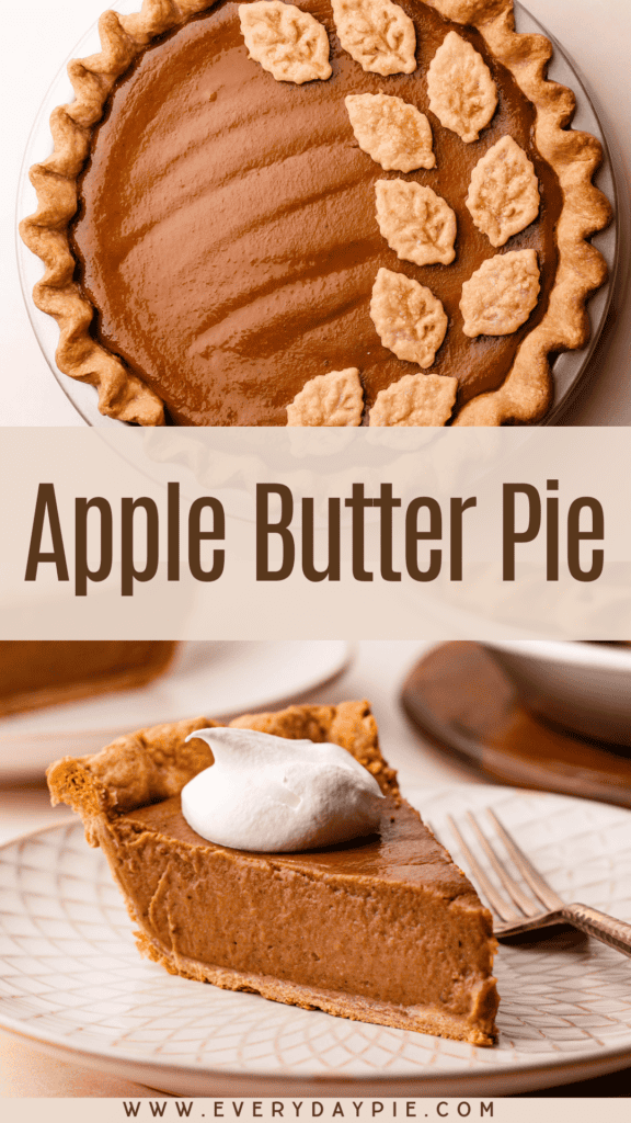 Pinterest graphic featuring apple butter pie with decorative leaves and website text.