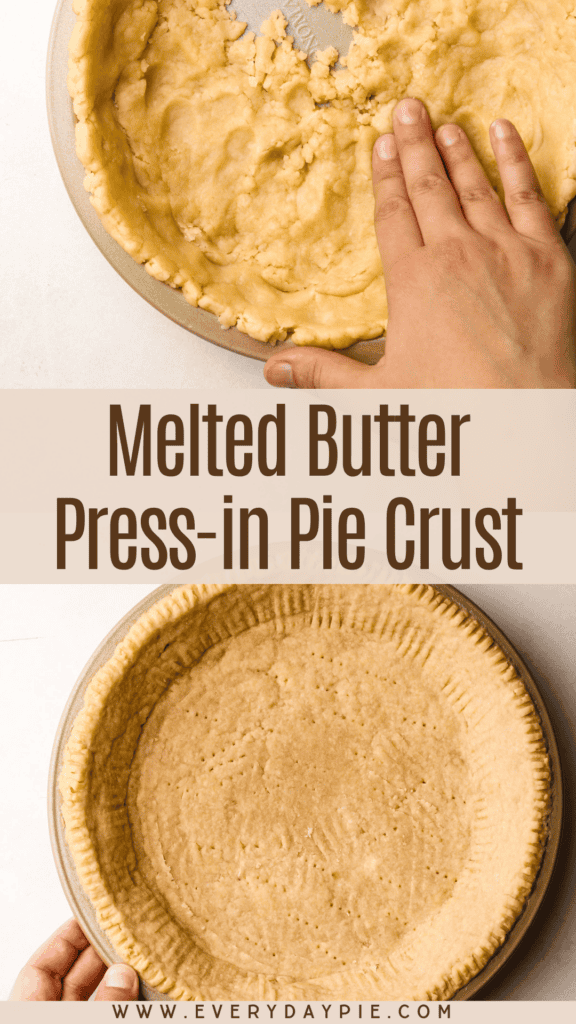 An unbaked melted butter pie dough pressed into a crust and an a baked version of it.