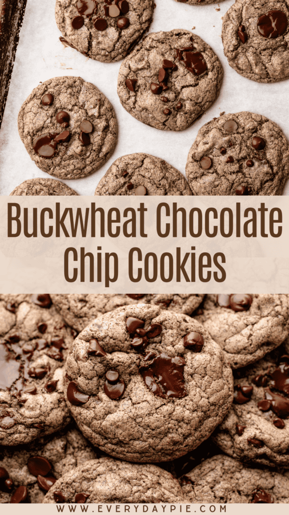 Freshly baked buckwheat chocolate chip cookies on a parchment-lined tray as a pinterest pin.