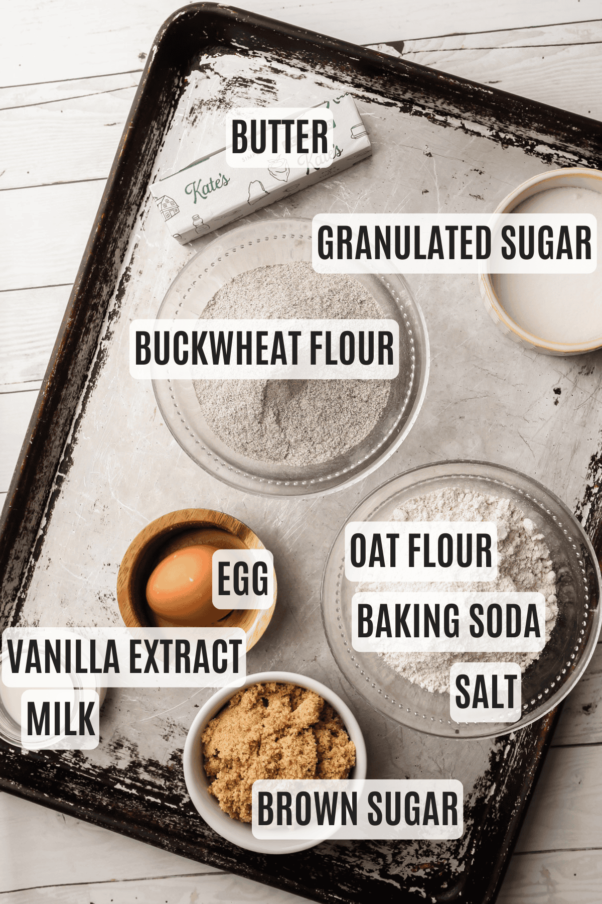 Ingredients measured out for oat buckwheat chocolate chip cookies.