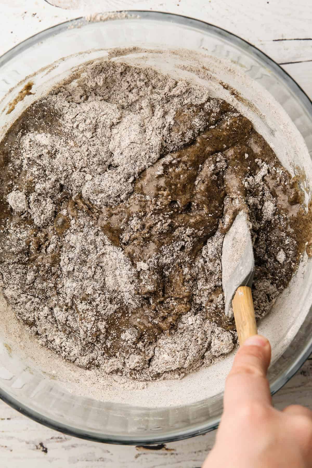 Partially mixed buckwheat flour batter for oat buckwheat chocolate chip cookies.