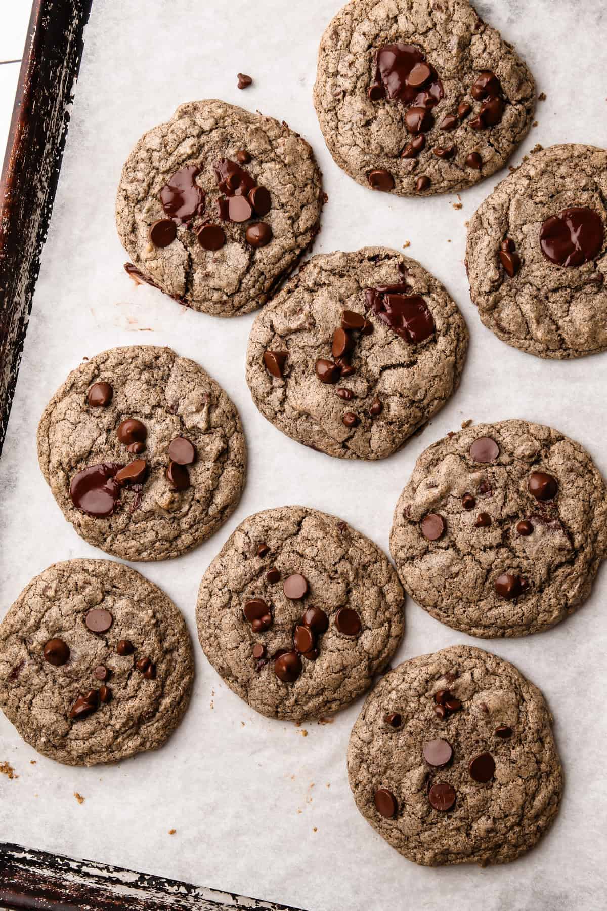 A batch of freshly baked oat buckwheat chocolate chip cookies cooling on a tray.