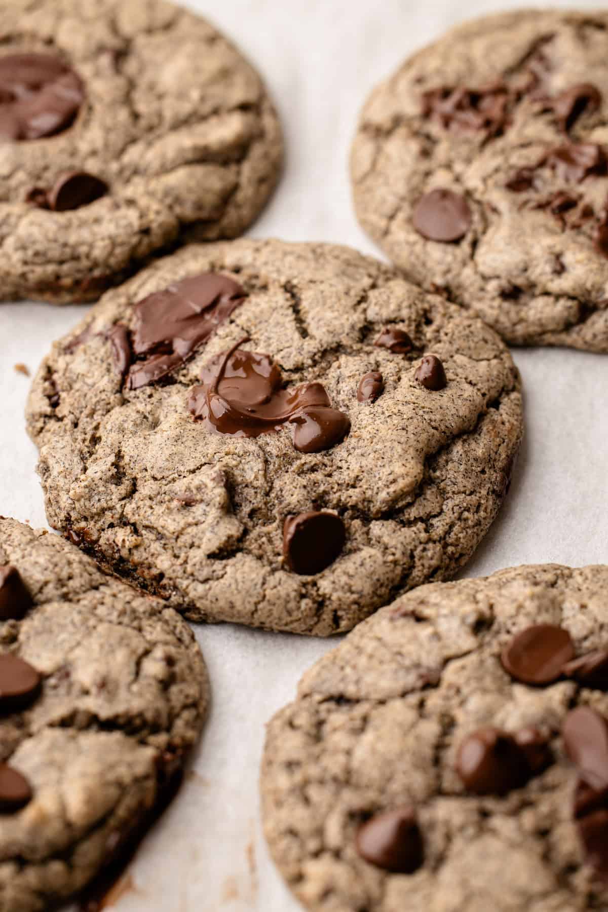 Baked buckwheat chocolate chip cookies fresh from the oven.