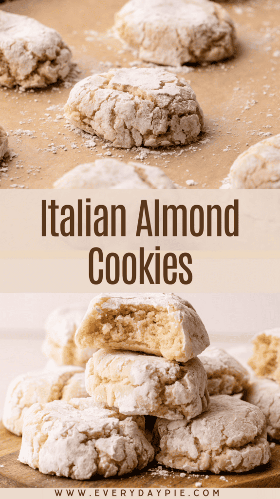 A pin for pinterest featuring Italian almond cookies baked and stacked.