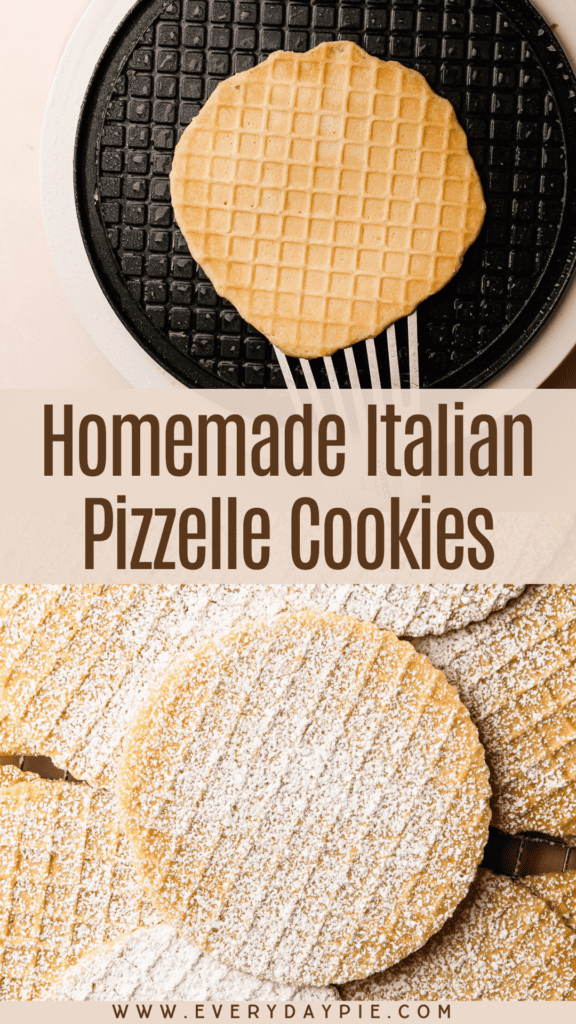 A pinterest pin with freshly baked pizzelle on a hot iron, showing its crisp and delicate pattern.