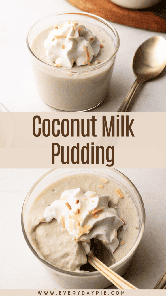 Prepared coconut milk pudding with whipped cream and toasted coconut garnish.