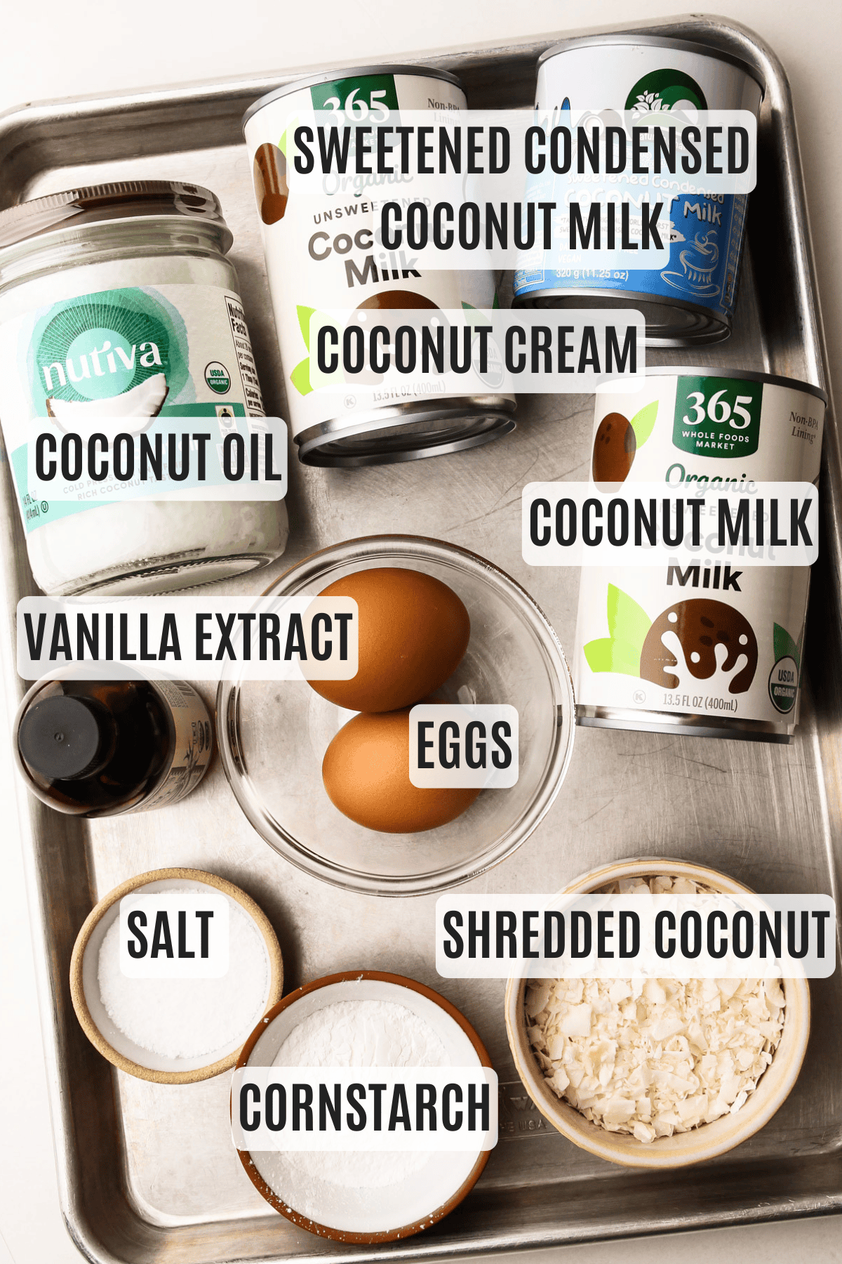 Ingredients laid out and labelled for making coconut milk pudding.