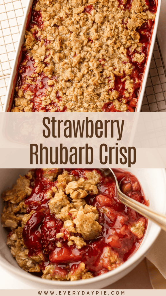A baked strawberry rhubarb crisp and a plated serving of the dessert.