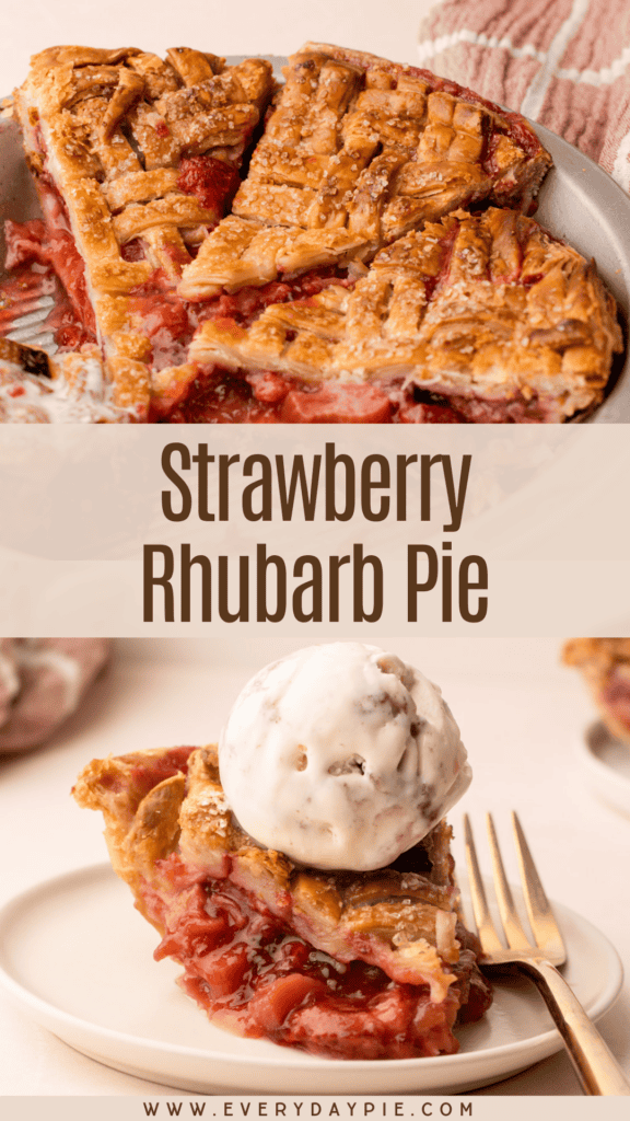 A baked and sliced strawberry rhubarb pie.