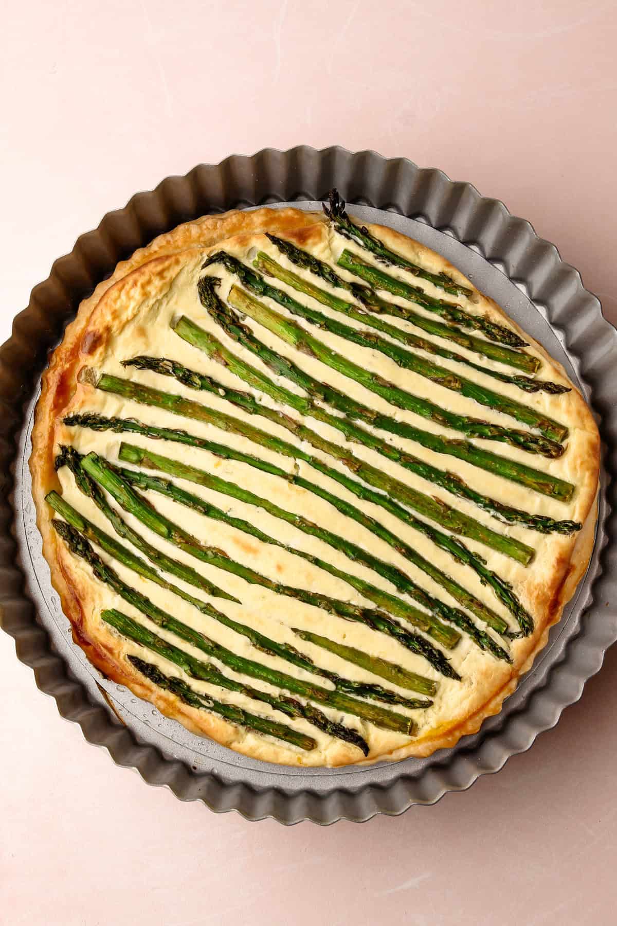 A baked lemon ricotta asparagus tart.