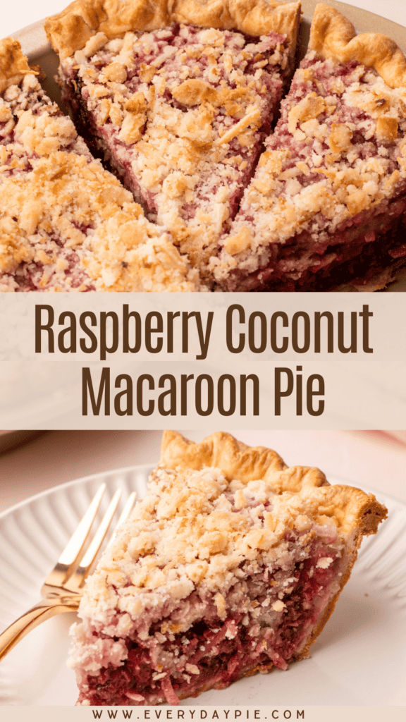 A baked raspberry coconut macaroon pie served on a plate.