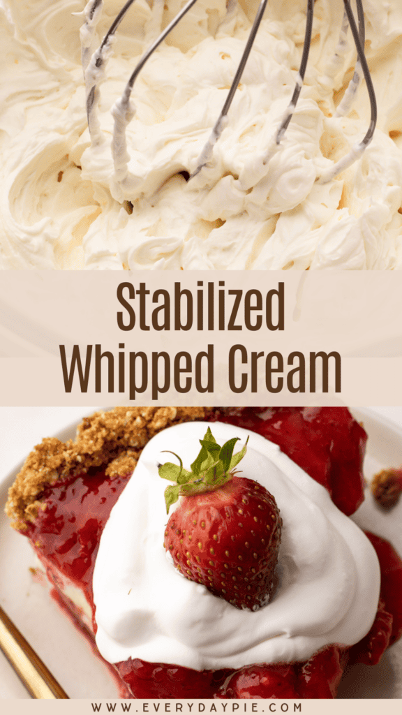 Prepared stabilized whipped cream in a mixing bowl and dolloped on top of a pie.