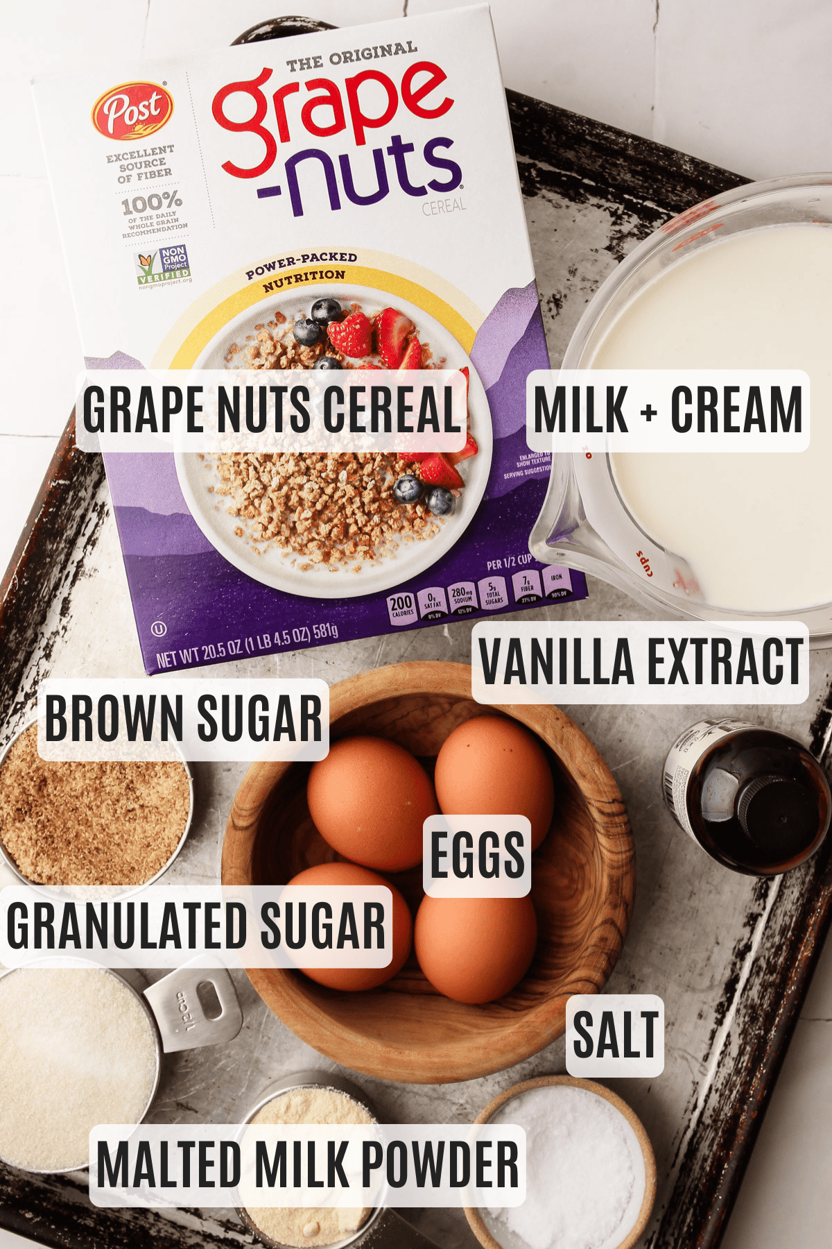 Ingredients for grapenut custard ice cream.