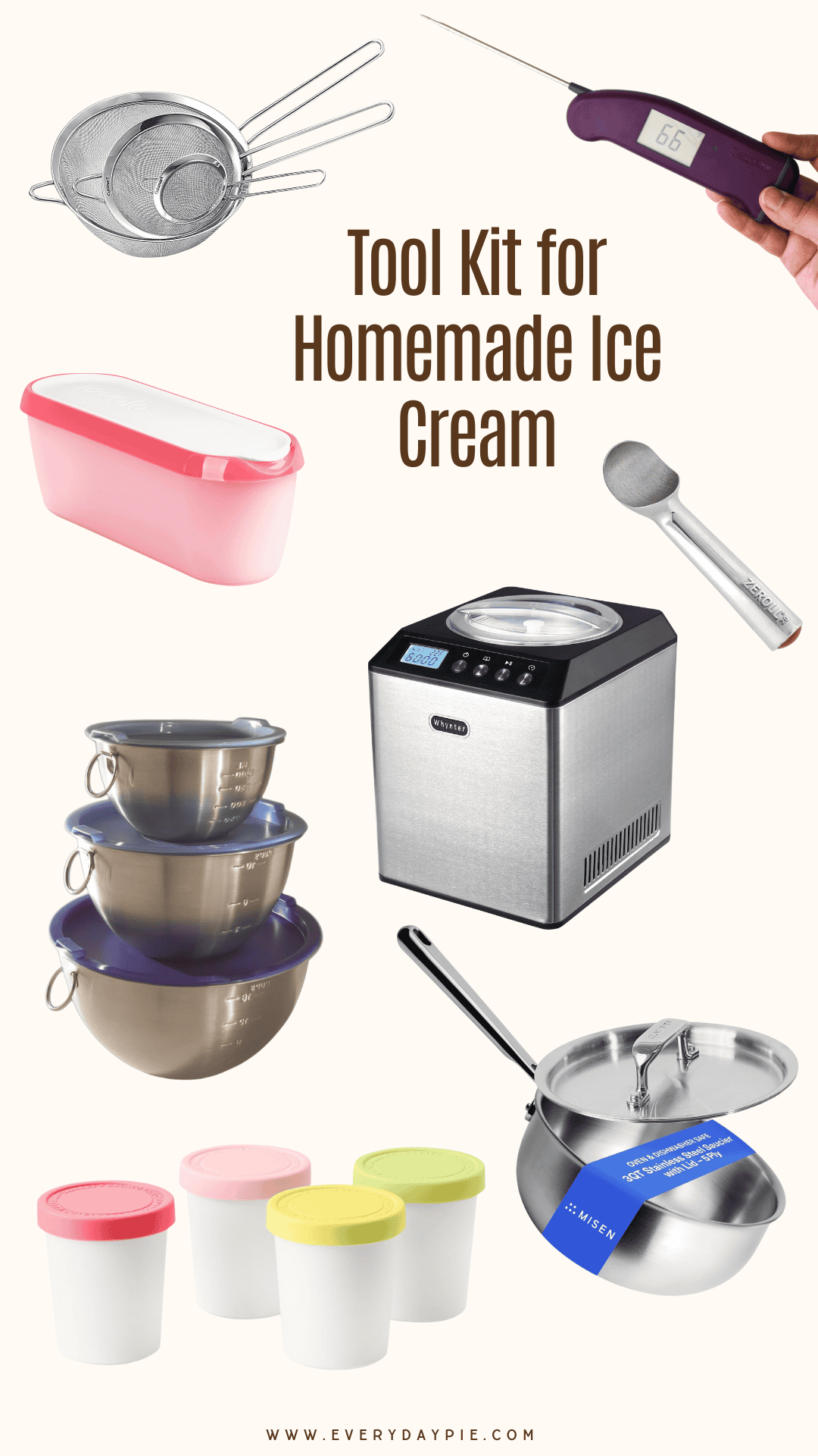 Essential tools for making ice cream at home.