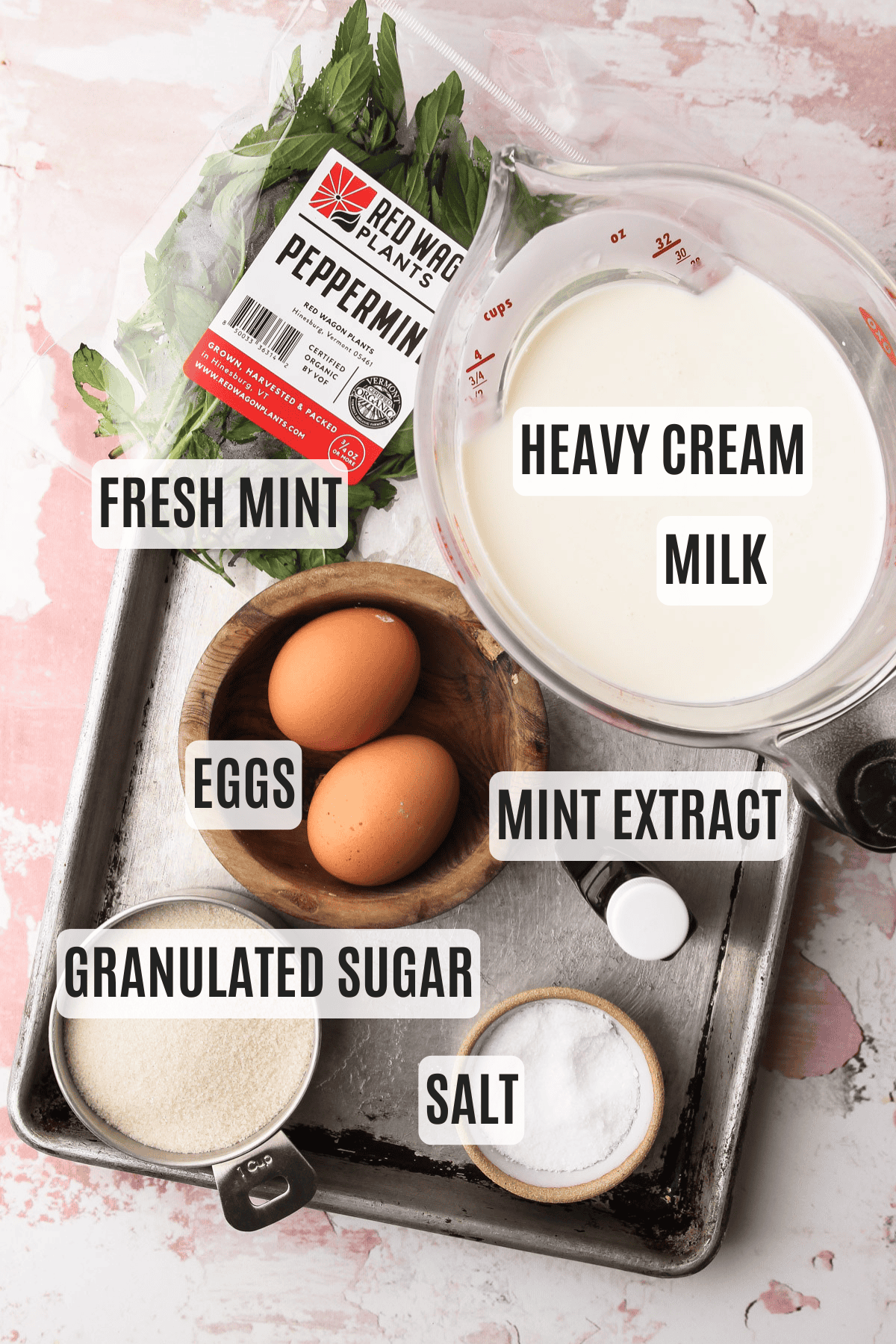 Ingredients to make mint chocolate chip ice cream.