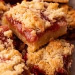 Rhubarb crumb bars baked and cut.