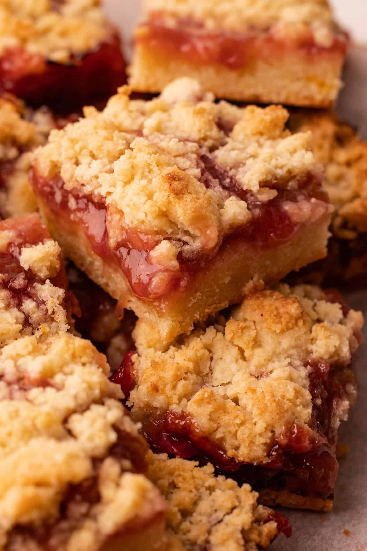 Rhubarb crumb bars baked and cut.